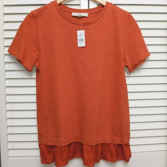 NWT Loft Burnt Orange Ruffle Hem Mixed Media Short Sleeve Top S - Picture 2 of 8